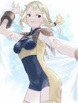  1girl blonde_hair bodysuit braid breasts final_fantasy final_fantasy_xii jewelry long_hair looking_at_viewer minabe_(mi-nabe) open_mouth penelo smile solo thigh-highs twin_braids twintails 