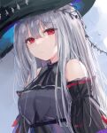  1girl absurdres arknights ascot bangs bare_shoulders black_ascot black_headwear breasts commentary_request eyebrows_visible_through_hair grey_hair grey_shirt highres long_hair looking_at_viewer lshiki medium_breasts red_eyes shirt skadi_(arknights) solo upper_body 