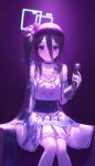 1girl absurdly_long_hair absurdres arisu_(blue_archive) black_choker black_hair blue_archive blush choker collarbone detached_collar feet_out_of_frame hair_between_eyes highres holding holding_microphone idol long_hair looking_at_viewer microphone paper_phrog purple_background shirt side_ponytail sitting sleeveless sleeveless_shirt smile solo spotlight very_long_hair 