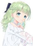  1girl :d absurdres bangs bare_shoulders blue_eyes blue_hair blunt_bangs blush bow braid crown_braid curly_hair earrings finger_to_mouth floral_print frilled_shirt_collar frilled_sleeves frills green_hair grin hair_bow high_collar highres index_finger_raised jewelry long_hair looking_at_viewer multicolored_hair nail_polish original outstretched_arm ren-da-min see-through_sleeves shushing smile solo sparkle two-tone_hair 