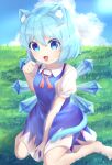  1girl absurdres animal_ear_fluff animal_ears bangs barefoot blue_dress blue_eyes blue_hair blue_sky blush bow bowtie breasts cat_ears cat_tail cirno clouds cloudy_sky collared_shirt commentary_request dress eyebrows_visible_through_hair fang grass hair_between_eyes hand_up highres ice ice_wings light looking_at_viewer medium_breasts no_hat no_headwear open_mouth outdoors puffy_short_sleeves puffy_sleeves red_bow red_bowtie scenery seiza shirt short_hair short_sleeves sitting sky smile solo sunlight tail tongue touhou user_fjra2484 white_shirt wings 