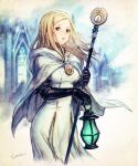  1girl artist_name black_gloves blonde_hair breasts brooch brown_eyes cape commentary_request dress elbow_gloves floating_hair gloves holding holding_lamp holding_staff jewelry long_dress looking_at_viewer medium_breasts medium_hair octopath_traveler ophilia_(octopath_traveler) parted_lips satou_kivi solo staff white_cape white_dress 