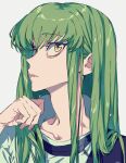  1girl bangs c.c. code_geass collarbone green_hair hand_up high_collar highres long_hair looking_up parted_lips sidelocks simple_background solo urkt_10 white_background yellow_eyes 