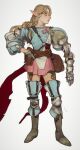  1girl armor belt black_eyes blonde_hair boots borrowed_character brown_belt closed_mouth gauntlets highres juliet_sleeves knee_pads long_hair long_sleeves miniskirt mossacannibalis original pink_skirt pointy_ears profile puffy_sleeves skirt smile solo standing white_background 