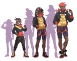  1boy absurdres age_progression black_footwear black_hoodie black_pants collared_shirt dark-skinned_male dark_skin full_body grin hand_on_hip headband highres holding holding_poke_ball hood hood_down hoodie legs_apart leon_(pokemon) looking_at_viewer male_focus orange_headband pants poke_ball poke_ball_(basic) pokemon pokemon_(game) pokemon_swsh raihan_(pokemon) redlhzz shirt shoes short_hair silhouette smile standing teeth undercut younger 