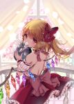  1girl blonde_hair bow cherry_blossoms covered_mouth crystal day flandre_scarlet frills highres holding indoors looking_at_viewer looking_back momoyama_riyo no_hat no_headwear off_shoulder petticoat puffy_short_sleeves puffy_sleeves railing red_bow red_eyes red_ribbon red_skirt red_vest ribbon shirt short_sleeves skirt skirt_set solo touhou vest window wings wrist_cuffs 