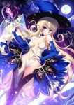  1girl ayakichi blonde_hair blue_nails breasts elf fingernails full_moon hat holding holding_wand long_hair looking_at_viewer medium_breasts moon nail_polish navel night original pointy_ears solo very_long_hair violet_eyes wand witch witch_hat 