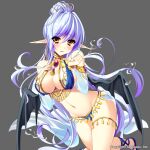  1girl ayakichi blue_hair breasts bubble elf embarrassed large_breasts long_hair looking_at_viewer magia_break navel pointy_ears revealing_clothes solo very_long_hair wings yellow_eyes 
