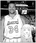  1boy 1girl absurdres bangs basketball_uniform dark-skinned_female dark_skin eyebrows_visible_through_hair gawr_gura greyscale highres hololive hololive_english looking_at_viewer los_angeles_lakers monochrome national_basketball_association open_mouth real_life shaquille_o&#039;neal sharp_teeth smile sportswear teeth two_side_up virtual_youtuber xyanaid 