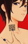  1girl black_hair black_nails blue_eyes blue_nails collarbone english_commentary finger_to_neck frown highres looking_at_viewer mole mole_under_eye nail_polish neck_tattoo nude original pointing pointing_at_self potato_iida qr_code red_background short_hair simple_background solo tattoo 