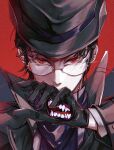  1boy absurdres bangs black_gloves black_hair black_headwear black_jacket chinese_commentary commentary_request covering_mouth cybergamo fangs glasses gloves highres jacket klein_moretti long_sleeves looking_at_viewer lord_of_the_mysteries red_background red_eyes solo tongue 