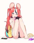  1girl absurdres animal_ears black_hair blue_eyes cellphone collar hair_ornament hakos_baelz highres hololive hololive_english long_hair mouse_ears mouse_girl mouse_tail multicolored_hair namii_(namialus_m) nintendo_switch phone redhead simple_background smartphone solo spikes streaked_hair tail twintails virtual_youtuber white_background white_hair 