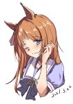  1girl absurdres animal_ears bangs black_bow black_bowtie blue_eyes blue_shirt blush bow bowtie brown_hair chinese_commentary commentary dated eyebrows_visible_through_hair grass_wonder_(umamusume) hair_bow hand_up highres horse_ears horse_girl long_hair looking_at_viewer miuna_(498475051) one_eye_closed puffy_short_sleeves puffy_sleeves sailor_collar school_uniform serafuku shirt short_sleeves simple_background sketch smile solo split_mouth umamusume white_background 