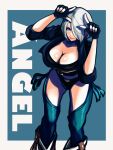 1girl absurdres angel_(kof) ap_cammy black_gloves boots bra breasts chaps cowboy_boots cropped_jacket finger_horns fingerless_gloves gloves hair_over_one_eye highres index_fingers_raised jacket large_breasts leather leather_jacket snk strapless strapless_bra the_king_of_fighters the_king_of_fighters_xiv the_king_of_fighters_xv toned underwear 