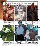  6+boys behemoth_(housamo) belt black_shirt blouse blue_eyes blue_fire book bug butterfly closed_mouth collared_shirt commentary_request dorohedoro ear_piercing eating en_(dorohedoro) facial_hair fangs fangs_out fate/grand_order fate_(series) fire forked_eyebrows formal furry furry_male gakuran gloves green_eyes grey_hair helmet holding holding_book hood hoodie horns james_moriarty_(fate) katana live_a_hero long_sleeves looking_at_viewer male_focus mask multiple_boys multiple_swords muscular muscular_male mustache necktie no_eyebrows open_mouth piercing redhead rouon_aro scar scar_on_cheek scar_on_face school_uniform sharp_teeth shirt short_hair six_fanarts_challenge smile snack spiky_hair suit sweatdrop sword teeth thick_eyebrows toji_(housamo) tokyo_afterschool_summoners upper_body utau vest victom_(live_a_hero) wadanosuke_(waadaa_hmlh) weapon white_shirt yellow_necktie 