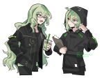  2girls artist_name bangs banned_artist black_jacket black_pants cup earrings glasses green_eyes green_hair hand_in_pocket holding holding_cup honkai_(series) honkai_impact_3rd jacket jewelry klein_(honkai_impact) long_hair long_sleeves looking_to_the_side milk_tea mobius_(honkai_impact) multiple_girls one_eye_closed open_mouth pants simple_background single_earring white_background zaraku 