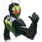  1boy absurdres armor black_gloves bug commentary gloves grasshopper green_armor highres kamen_rider kamen_rider_01_(series) kamen_rider_zero-one male_focus mawmaoou pointing pointing_at_self red_eyes rising_hopper simple_background solo thumbs_up tokusatsu upper_body white_background 