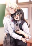  2girls black_hair blonde_hair blurry blurry_background blush bow bowtie cellphone classroom collared_shirt dress_shirt eyebrows_visible_through_hair glasses green_eyes grin hair_between_eyes highres holding holding_phone hug long_hair mole mole_under_eye multiple_girls mutual_hug one_eye_closed open_mouth original phone plaid plaid_skirt pleated_skirt red_bow red_bowtie school_uniform selfie shirt sigmart03 skirt smartphone smile standing sweater_vest traditional_bowtie violet_eyes white_shirt wing_collar yuri 