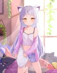  1girl absurdres animal_ear_fluff animal_ears bangs blush camisole cat_ears closed_mouth crop_top frilled_shorts frills grey_hair hanging_plant highres holding holding_pillow hololive jacket kneeling long_hair long_sleeves looking_at_viewer murasaki_shion neko_(minato_aqua) open_clothes open_jacket orange_eyes oudon_(udonnaiyo) pillow pink_jacket purple_shorts shiokko_(murasaki_shion) shirt short_eyebrows short_shorts shorts smile solo stuffed_animal stuffed_shark stuffed_toy v-shaped_eyebrows very_long_hair virtual_youtuber white_shirt 