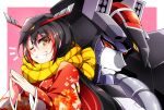  1girl bangs black_hair border choujuu_kishin_dancouga couga_(robot_girls_z) dancouga dancouga_(series) eyebrows_visible_through_hair japanese_clothes kimono long_hair mecha multicolored_hair one_eye_closed own_hands_together pink_background red_kimono redhead robot_girls_z scarf shapiro streaked_hair super_robot white_border yellow_scarf 