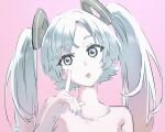  1girl aqua_hair blue_eyes collarbone eyebrows_visible_through_hair finger_to_cheek fingernails green_nails hatsune_miku highres light_blue_eyes long_hair mosh_mallow nude parted_lips pink_lips solo twintails upper_body vocaloid 