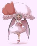  1girl absurdres dress frilled_shirt frilled_shirt_collar frilled_sleeves frills full_body hat hat_ribbon highres looking_at_viewer medium_hair mob_cap oversized_hat peroponesosu. red_eyes red_ribbon remilia_scarlet ribbon shirt short_sleeves solo standing standing_on_one_leg touhou wings 