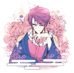  2022 blue_jacket choujuu_kishin_dancouga dancouga_(series) eyebrows_visible_through_hair flower grey_eyes hair_behind_ear highres jacket japanese_clothes kimono looking_at_viewer male_focus pink_flower pink_kimono purple_hair purple_nails shapiro shapiro_keats sparkle v-shaped_eyebrows 