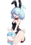  1girl :d animal_ears arona_(blue_archive) ayaha_4780828 blue_archive blue_eyes blue_hair bow bowtie braid eyebrows_visible_through_hair hair_over_one_eye halo high_heels highres looking_at_viewer playboy_bunny rabbit_ears rabbit_tail red_bow red_bowtie red_footwear ribbon short_hair single_braid smile solo tail whale white_ribbon 
