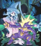  absurdres artist_name black_eyes bright_pupils closed_mouth commentary_request dated forest frown grass hatterene highres katkichi mushroom nature night outdoors pokemon pokemon_(creature) signature spikes toxtricity toxtricity_(amped) tree white_pupils 