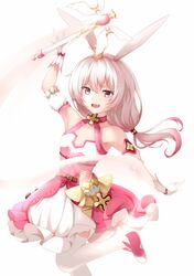  1girl :d animal_ears bangs bare_shoulders crown dress fox_ears gloves highres holding holding_wand honkai_(series) honkai_impact_3rd long_hair looking_at_viewer magical_girl open_mouth pink_dress pink_footwear pink_hair side_ponytail simple_background skysuy_(2267420264) sleeveless sleeveless_dress smile solo theresa_apocalypse theresa_apocalypse_(sakura_rondo) thighs wand white_background white_gloves 