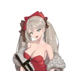 1girl a-545_(girls&#039;_frontline) assault_rifle bangs breasts dress fur-trimmed_jacket fur_trim girls_frontline green_eyes gun highres holding jacket long_hair looking_at_viewer lyuan545531 medium_breasts open_mouth red_dress revision rifle simple_background smile solo twintails upper_body weapon white_background 