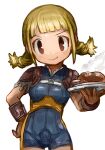  1girl armlet blonde_hair blue_eyes braid breasts buchi0122 closed_mouth final_fantasy final_fantasy_xii food highres long_hair looking_at_viewer penelo simple_background smile solo twin_braids twintails white_background 