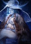  1girl absurdres blue_eyes blue_hair blue_skin cape cloak colored_skin cracked_skin doll_joints elden_ring extra_arms extra_faces fur_cape fur_cloak glowing_tattoo hat highres joints large_hat looking_at_viewer maen.chan one_eye_closed ranni_the_witch sitting solo witch witch_hat 