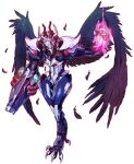  absurdres arm_cannon commission english_commentary feathers glowing glowing_hand highres horns looking_to_the_side metroid metroid_dread no_humans open_hand pillar_buster raven_beak_(metroid) science_fiction solo weapon white_background wings 