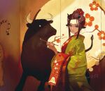  1girl absurdres animal_ears blue_eyes brown_hair bull chinese_zodiac commentary cow_ears cow_horns facial_mark flower forehead_mark green_kimono hair_bun hair_flower hair_ornament highres holding holding_pipe horns indoors japanese_clothes kimono long_sleeves looking_at_viewer mole mole_under_mouth nail_polish nicporim original pipe red_flower red_kimono red_nails solo year_of_the_ox 