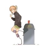  1girl absurdres amputee black_shirt brown_hair can double_amputee eyebrows_visible_through_hair full_body green_eyes green_shorts grin highres ibarazaki_emi katawa_shoujo looking_at_viewer shirt short_hair shorts simple_background smile solo standing trash_can twintails v white_background zlix0n 