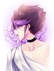  1boy black_choker black_hair choker choujuu_kishin_dancouga collarbone dancouga_(series) flower hair_behind_ear highres looking_at_viewer male_focus multicolored_hair off_shoulder purple_flower purple_hair shapiro shapiro_keats solo streaked_hair toga 