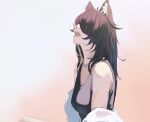  1girl absurdres animal_ear_fluff animal_ears bangs bare_shoulders black_hair black_tank_top commentary dog_ears gradient gradient_background hair_over_eyes highres long_hair nicporim open_mouth original pink_background solo tank_top teeth upper_body white_background 