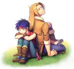  2boys blonde_hair blue_hair boots brown_eyes coat full_body gloves headband highres jack_van_burace long_hair multiple_boys protected_link red_vest rody_roughnight smile vest wild_arms wild_arms_1 yururi-ra 