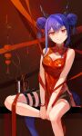 1girl absurdres arknights blue_hair bracelet ch&#039;en_(ageless_afterglow)_(arknights) ch&#039;en_(arknights) china_dress chinese_clothes cleavage_cutout clothing_cutout double_bun dress happyongdal high_heels highres horns jewelry red_eyes shorts_under_dress sitting tail