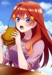  1girl absurdres ahoge bangs blue_eyes blue_sky burger clouds day eating eyebrows_visible_through_hair food go-toubun_no_hanayome highres holding holding_food long_hair looking_at_viewer megami_magazine nakano_itsuki official_art open_mouth outdoors purple_shirt redhead scan shirt short_sleeves sitting skirt sky solo teeth upper_body white_skirt 
