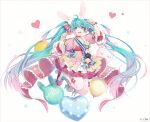  1girl :d ahoge animal_ear_fluff animal_ears aqua_hair arm_up balloon blue_eyes boots bow character_name commentary cross-laced_footwear dress flower gradient_hair hair_bow hakusai_(tiahszld) hand_up hatsune_miku heart heart_balloon lace-up_boots long_hair looking_at_viewer midair multicolored_hair open_mouth pink_dress pink_hair puffy_short_sleeves puffy_sleeves rabbit_ears red_bow revision roller_skates rose short_sleeves skates smile solo striped striped_bow teeth thigh-highs thighhighs_under_boots twintails upper_teeth very_long_hair vocaloid white_background white_footwear white_legwear yellow_flower yellow_rose 