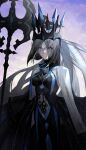  1girl bangs black_crown black_dress black_veil blue_eyes blue_lips breasts clothing_cutout commentary_request crown dress fate/grand_order fate_(series) grey_hair hair_between_eyes highres holding holding_staff holding_weapon lipstick long_hair looking_at_viewer makeup medium_breasts morgan_le_fay_(fate) outdoors ponytail sky solo staff typtypss veil very_long_hair weapon wide_sleeves 