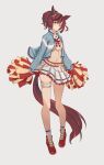  1girl absurdres amano_haruka_(sakogamitokuan) animal_ears bangs blush brown_eyes brown_hair cheerleader crop_top full_body highres horse_ears horse_girl horse_tail jacket midriff multicolored_hair navel nice_nature_(run&amp;win)_(umamusume) nice_nature_(umamusume) official_alternate_costume pom_pom_(cheerleading) ponytail roar_yell!_tracen_academy_cheerleading_squad_(umamusume) shirt shoes simple_background skirt socks solo tail two-tone_hair umamusume white_background white_shirt 