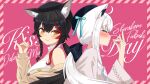  2girls \n/ ahoge animal_ear_fluff animal_ears bangs bare_shoulders beret black_bow black_hair black_headwear blush bow breasts brown_cardigan brown_eyes cardigan closed_eyes closed_mouth commentary_request extra_ears eyebrows_visible_through_hair fox_ears fox_girl from_side hachiman_tanuki hair_between_eyes hair_bow hair_ornament hat highres hololive implied_kiss kiss kiss_day large_breasts long_hair long_sleeves looking_at_viewer looking_to_the_side multicolored_hair multiple_girls off_shoulder ookami_mio ponytail redhead shirakami_fubuki shirt sidelocks simple_background sleeveless sleeveless_shirt small_breasts smile streaked_hair upper_body virtual_youtuber white_background white_hair white_shirt wolf_ears wolf_girl x_hair_ornament 
