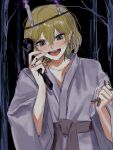  1girl :d alternate_costume blonde_hair blush candle commentary commission fire flame gotagotay green_eyes hair_between_eyes hammer hashihime highres holding holding_hammer looking_at_viewer mizuhashi_parsee open_mouth pointy_ears short_hair skeb_commission smile solo sweatdrop teeth tongue touhou upper_body upper_teeth waraningyou white_robe 