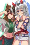  2girls ahoge alternate_costume animal_ears bangs bare_shoulders belt blue_hair bracelet breasts brown_hair closed_mouth clothing_cutout collared_shirt cosplay cowboy_shot cropped_jacket cutoffs daitaku_helios_(umamusume) daitaku_helios_(umamusume)_(cosplay) ear_covers facepaint green_skirt green_sweater grey_hair hair_ornament hairclip hands_up horse_ears index_fingers_together jacket jewelry kusanagi_kaoru looking_at_viewer medium_breasts mejiro_palmer_(umamusume) mejiro_palmer_(umamusume)_(cosplay) midriff multicolored_hair multiple_girls navel necklace off-shoulder_shirt off_shoulder oguri_cap_(umamusume) one_eye_closed open_mouth ponytail red_eyes shirt short_shorts shorts side_ponytail skirt smile sweater symboli_rudolf_(umamusume) tied_shirt turtleneck turtleneck_sweater two-tone_hair umamusume v_over_eye white_jacket white_shorts wristband 