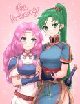  2girls armor bangs blue_eyes breasts cestus777 fingerless_gloves fire_emblem fire_emblem:_the_blazing_blade florina_(fire_emblem) gloves green_eyes green_hair highres hug long_hair looking_at_viewer lyn_(fire_emblem) medium_breasts multiple_girls ponytail smile upper_body 