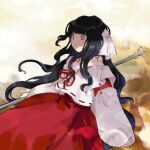  black_hair commentary_request detached_sleeves girl_who_trained_on_mt._haku_(touhou) hair_ribbon holding holding_staff kaigen_1025 long_hair long_sleeves portrait_of_exotic_girls red_skirt ribbon shirt skirt solo staff touhou very_long_hair violet_eyes wavy_hair white_ribbon white_shirt wide_sleeves 