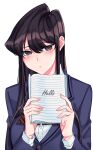  1girl absurdres bangs black_eyes black_hair blue_jacket blush commentary_request english_text eyebrows_visible_through_hair highres holding holding_notebook jacket komi-san_wa_komyushou_desu komi_shouko long_hair long_sleeves looking_at_viewer notebook parted_lips school_uniform simple_background solo swept_bangs tylergreen upper_body white_background 
